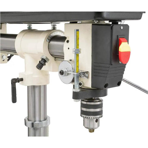 No-Fuss Shop Floor Beast Benchtop Radial Drill Press close-up showing motor, chuck, and adjustable features.