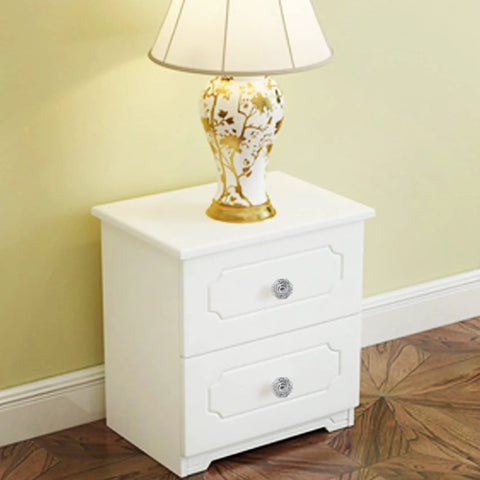 White nightstand with Clear Crystal Drawer Knobs 26 Pack 24mm Diamond Shaped Acrylic Cabinet Pulls for easy upgrade.