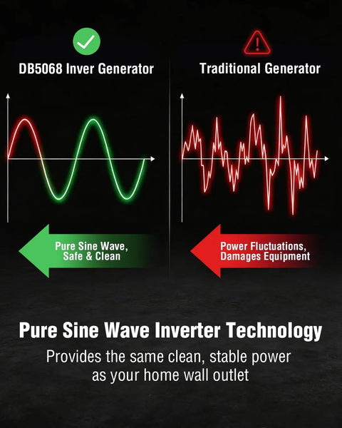 Portable Inverter Generator Pumping Out 3800 Start And 3200 Run Watts Of Smooth Clean Power For Laptops And Electronics Features Eco Mode Quiet Operation And Usb Charge Stations, comparing clean power waveforms.