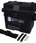 Built Like A Tank Group U1 Battery Box With High Flow Vents And Beefed Up Carry Bars For Lockdown Storage On John Deere Utility Xuv MGator Daily Drivers Lawn Tractors, black battery box with strap and hardware.