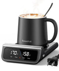 Keep Your Favorite Coffee Popping Hot All Day With Smart Infrared Mug Warmer Set Boasting Pinpoint Temp Tuning Auto Memory Function And Clean Lines Designed For Cozy Desk Sessions Or Snappy Kitchen Routine, displaying a black mug on a digital warmer.