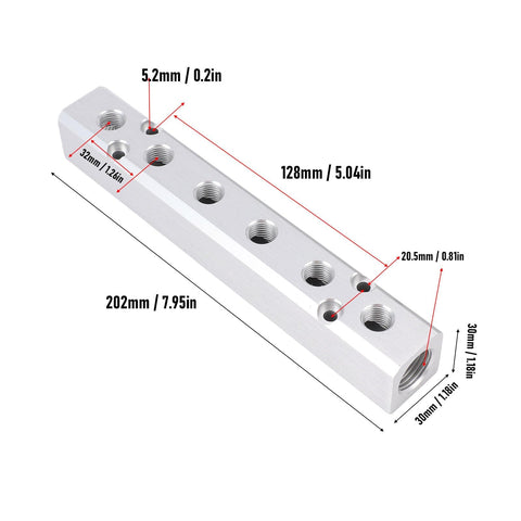 Six Way Eight Port Aluminum Air Manifold Distribution Block With One Quarter Inch NPT Output And One Half Inch NPT Supply Port