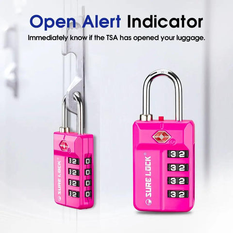 Pink TSA Approved 4 Digit Luggage Lock With Resettable Combination And Red Dot Open Alert on transparent surface.