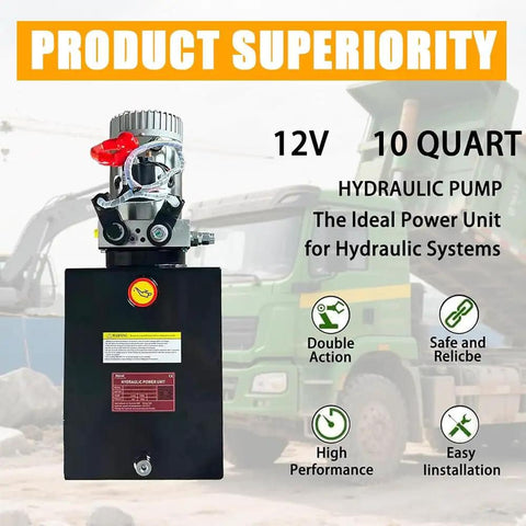Heavy Duty 12V DC Hydraulic Power Unit With 3200 PSI Capacity, 10 Quart Steel Reservoir, Double Acting Pump For Dump Trailer Lifting And Heavy Machinery, SAE 6 Port, Rugged Metal Build