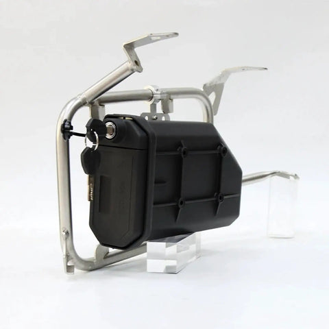 Badass Motorcycle Side Tool Box For CRF1000L Cargo Rack with slam-in hardware, weather-resistant black metal design.