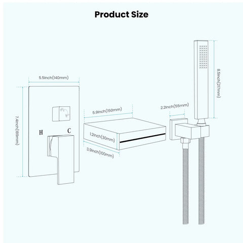 Brushed Nickel Waterfall Bathtub Faucet With Wall Mounted Hand Held Shower Rough In Valve Solid Brass Tub Filler dimensions