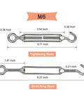 Diagram of M6 turnbuckle hook and eye in tightening and stretching states, dimensions for 10 Pack M6 Turnbuckle Hook And Eye Set Stainless Steel 304 For Wire Rope Tension, Heavy Duty Cable Railing Hardware Kit For Sun Shade Sail, Tent Installation And Outdoor Projects Built Tough