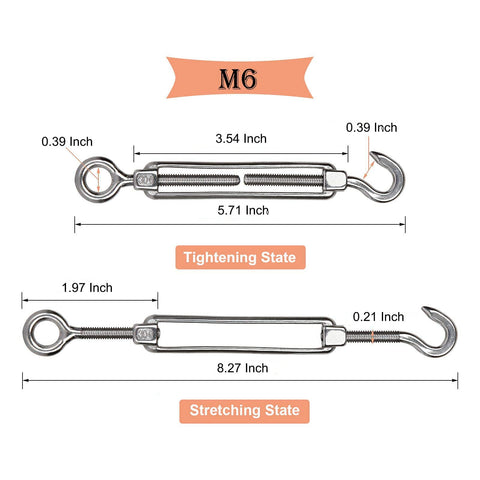 Diagram of M6 turnbuckle hook and eye in tightening and stretching states, dimensions for 10 Pack M6 Turnbuckle Hook And Eye Set Stainless Steel 304 For Wire Rope Tension, Heavy Duty Cable Railing Hardware Kit For Sun Shade Sail, Tent Installation And Outdoor Projects Built Tough