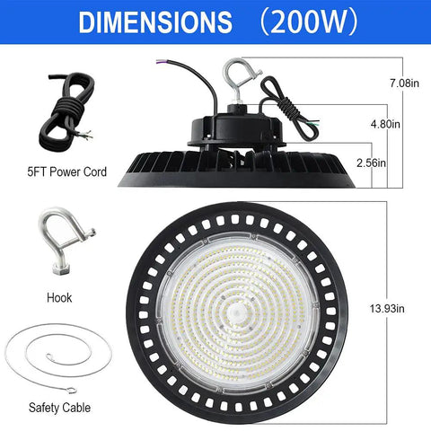 200W LED High Bay Light With 30000LM Beastly Brightness, 0 To 10V Dimmable, 5000K UFO LED Commercial Bay Lighting dimensions