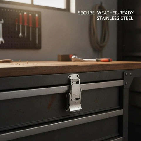 Stainless Steel Toggle Latch 2.6 Inch For Toolboxes and Storage Cases with spring loaded catch installed on cabinet