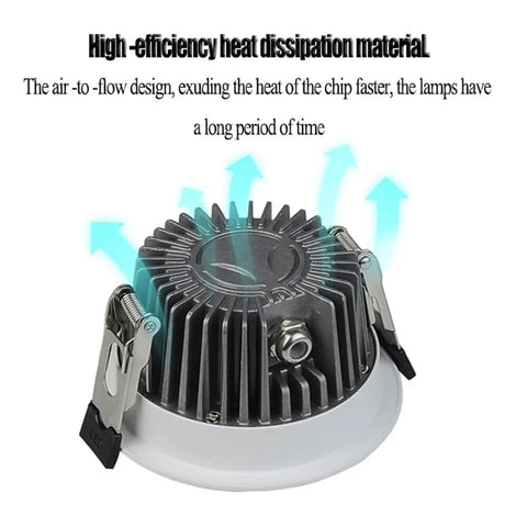 12 Pack IP65 Waterproof LED Downlights With Slick Recessed Baffle Trim showing heat dissipation material and design detail.