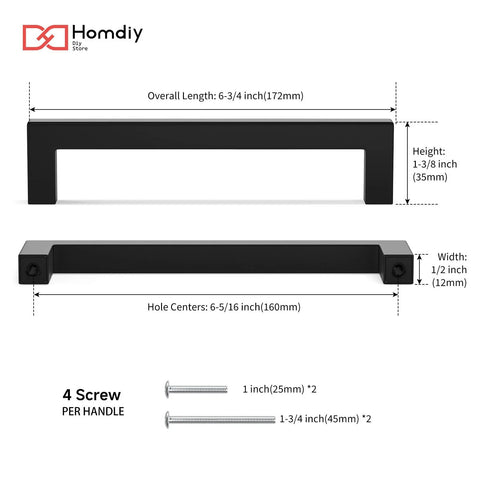 Matte Black Cabinet Handles 30 Pack Square Drawer Pulls Six And One Quarter Inch Center To Center 160mm, front view