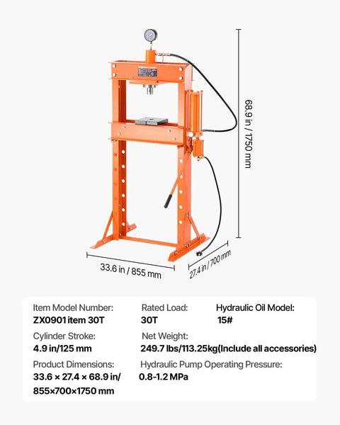 Pro Crew Badass 30 Ton H Frame Hydraulic Shop Press with heavy steel platen, measuring 33.6 x 27.4 x 68.9 inches for garage metalwork.