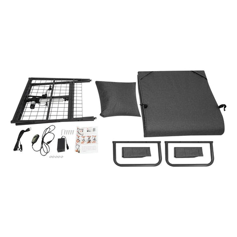 Cool Electric Lifting Backrest Upgrade For Elderly And Pregnant Folks With 2 To 80 Degree Angle Smart Support Plus 330 Lbs Heavy Duty Weight Capacity Rust Proof Steel Frame Cotton Linen Cover components laid out for assembly.