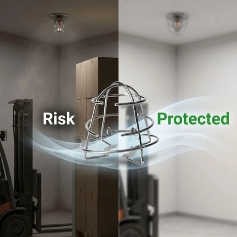 Six Pack Beater Proof Fire Sprinkler Head Guard Cage Heavy Duty Iron Recessed Protective Cover For Half Inch Pipe Rust Resistant Silver Finish, visual comparison of protection.