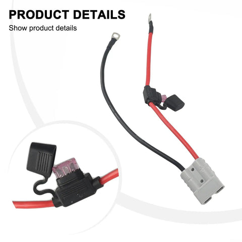 Top Shelf Heavy Duty 10Awg 50A EV Charging Cable With M8 Ring Terminal showing connector, fuse, and wiring details.