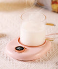 Portable Electric Heating Coaster For Coffee And Tea, 75 Degree Cup Warmer Plate With Hella Steady Temp Dial, Compact Desk Mug Heater Pad For Home Office with steaming cup.