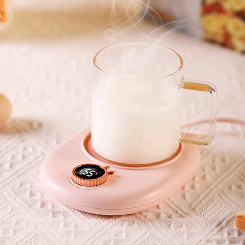 Portable Electric Heating Coaster For Coffee And Tea, 75 Degree Cup Warmer Plate With Hella Steady Temp Dial, Compact Desk Mug Heater Pad For Home Office with steaming cup.