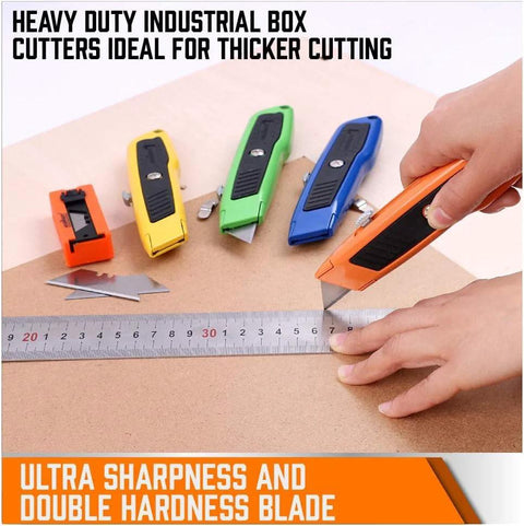 HORUSDY 4-pack retractable box cutter set with aluminum shells in orange, yellow, green, blue.