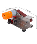 Butifulsic Portable Mini Belt Sander Electric Grinding Polishing Machine with iron emery belt for knife sharpening on a workbench.