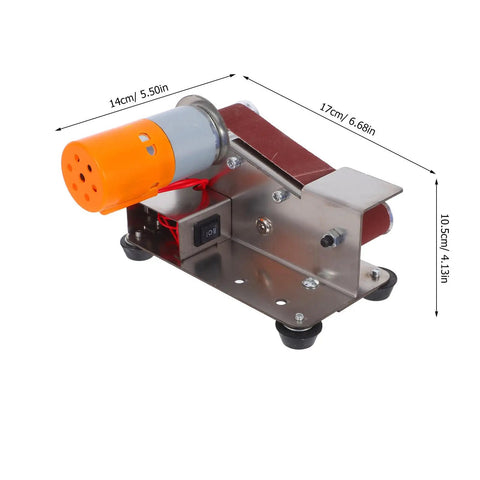 Butifulsic Portable Mini Belt Sander Electric Grinding Polishing Machine with iron emery belt for knife sharpening on a workbench.