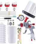 Kickbutt Pneumatic Paint Spray Gun For Auto Body Work With Knockout Atomization Integrated Pressure Regulator Drop In No Clean Cups And Roomy Six Hundred Ml Red Set components including nozzles and cups.