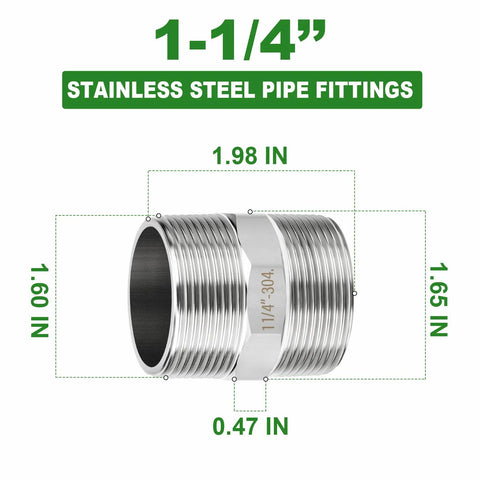Two-Pack 304 Stainless Steel Hex Nipple 1-1/4 In NPT Male To 1-1/4 In NPT Male Pipe Fitting Adapter dimensions