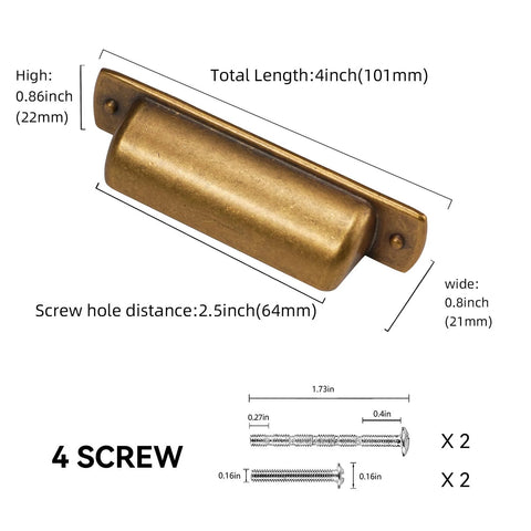 Diagram of 10 Pack 2.5 Inch Antique Brass Cabinet Handles And Cup Pulls Set with measurements and screws included