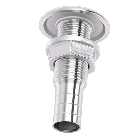 Stainless Steel Marine Thru Hull Fitting Beefy Boat Drain Connector For Bilge Drainage And Cooling System Easy Installation For Yachts And Boats With 316 Stainless Steel And Secure Hose Connection Three Eighths Inch Half Thread Outlet angled view