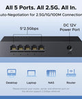 Five Port 2.5Gb Ethernet Switch With Five 2.5Gb Ports, Plug And Play Unmanaged Desktop Or Wall Mount Network Hub