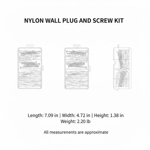 Nylon Wall Plug And Screw Anchor Kit in open box with compartments; suitable for drywall, hollow brick, foam block, 7.09x4.72x1.38 in.
