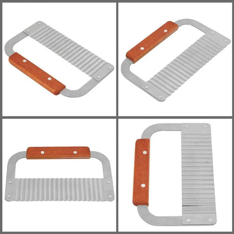 Wavy soap cutter with stainless steel ribbed blade and orange wooden handle; four-view image.