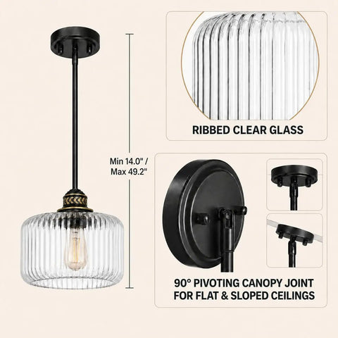 HXXLFONEDP 2 Pack Glass Pendant Lights for Kitchen Island, Matte Black showcasing ribbed clear glass and adjustable height.