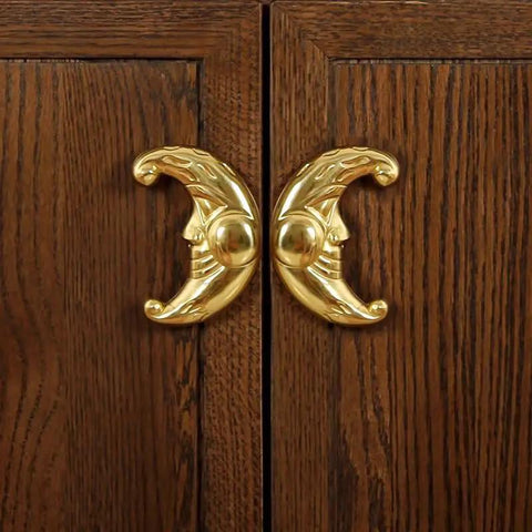 Sun Moon Cabinet Knobs Set, Solid Brass Antique Finish Drawer Pulls for Kitchen and Wardrobe on Wooden Cabinet Doors.