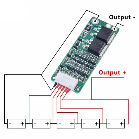Top Shelf 5S 18650 Battery Charge And Discharge BMS Protection Board With Dead Nuts Accurate Tracking Heavy Duty 18V 21V 15A Circuit connected to battery cells.
