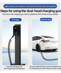 Heavy Duty Type 2 Electric Vehicle Charger Extension Cable With Smart Temp Sensor And Automatic Leakage Cutoff Spring Flex Coil Cord Up To Twenty Two Kilowatts plug-in steps for charging EV using a dual-head charging gun.