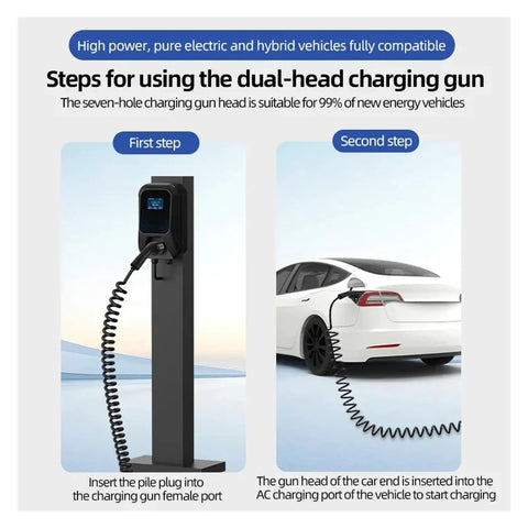 Heavy Duty Type 2 Electric Vehicle Charger Extension Cable With Smart Temp Sensor And Automatic Leakage Cutoff Spring Flex Coil Cord Up To Twenty Two Kilowatts plug-in steps for charging EV using a dual-head charging gun.
