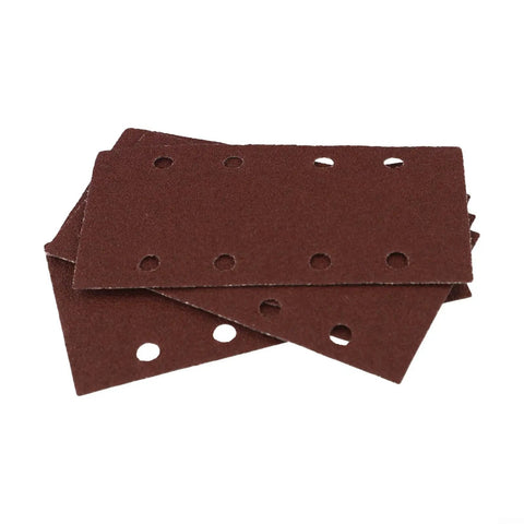 Get This Awesome 20 Pcs Rectangle Sanding Paper Set For Woodworking With 93x185mm Sheets And Sweet Flocking Design Across Assorted Grits Like 40, 60, 80, And 120 For Smooth Shaving And Polishing Magic Without Tearing Your Projects Apart, showing brown sanding sheets with holes.