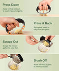 Step-by-step use of Garlic Press Rocker Stainless Steel Crusher Mincer and Chopper with Peeler and Scraper for crushing garlic.
