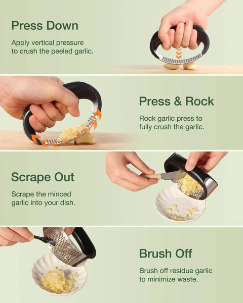 Step-by-step use of Garlic Press Rocker Stainless Steel Crusher Mincer and Chopper with Peeler and Scraper for crushing garlic.