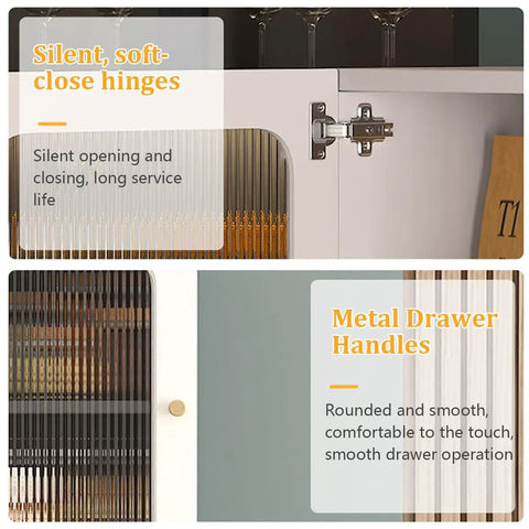 Close-up of cabinet hinges and drawer handles on the bottom loading water dispenser with cabinet storage, hot and cold water cooler for home or office, sleek hidden bottle design, easy access hydration machine for kitchen or break room.