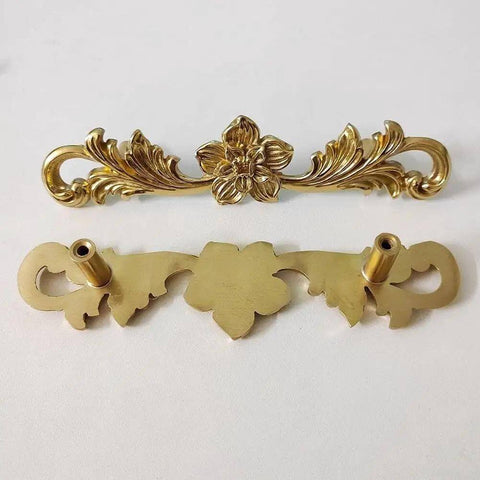 Solid Brass Double Hole Drawer Pulls In Vintage Style with floral design and double-hole mount