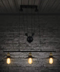 Sleek Industrial Vintage Pulley Chandelier With Integrated Led Bulbs Drops That Chill Modern Pendant Lighting Vibe, three bulbs and black finish.