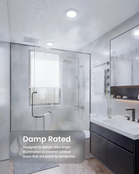Top Shelf 24 Pack 6 Inch Flush Mount Led Ceiling Lights Featuring Smooth Dimming Five Cct Settings Dead Simple Wiring And Genuine Heavy Duty Build For Your Home in a damp bathroom setting.