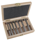 Real Deal 7 Piece Forstner Bit Set Drill Bore Spot On Holes In Wood 1/4 To 1 Inch in a wooden case, showing seven steel bits.