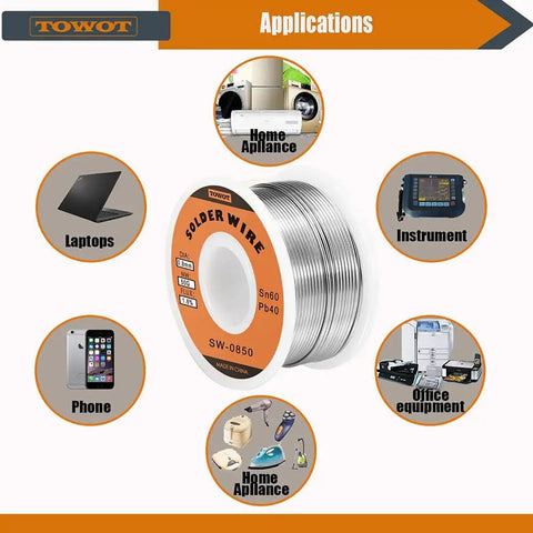Sixty Forty Tin Lead Rosin Core Solder Wire For Electronics with labeled applications in electronics, 0.8mm, 50g pack