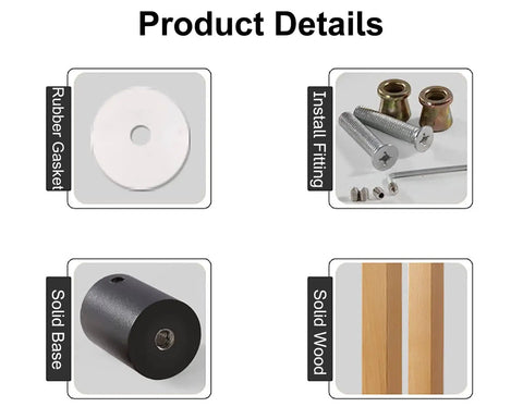 Product details showing components of Door Pull Handle Set For Interior And Exterior Doors Wooden Bar Pull Handle For Sliding Barn Doors Hotel Hallway Cafe Dining Room Push Pull Style Heavy Duty Easy Grip including rubber gasket, install fitting, solid base, solid wood.