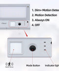 Outdoor Solar Motion Sensor Security Lights Built From Stainless Steel Waterproof And Super Bright For Yard Patio Garage 2 Pack Daylight Mode Easy Install All Night Protection showing modes and buttons