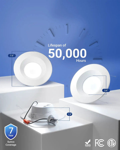 12 Pack 6 Inch LED Recessed Lights Kit With Baffle Trim Retrofit Downlights for Ceiling, depicting product lifespan of 50,000 hours