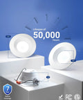 Six Pack 6 Inch Retrofit Led Recessed Lights With Baffle Trim And Quick 5Cct Dial showcasing dimensions and lifespan on a blue background.